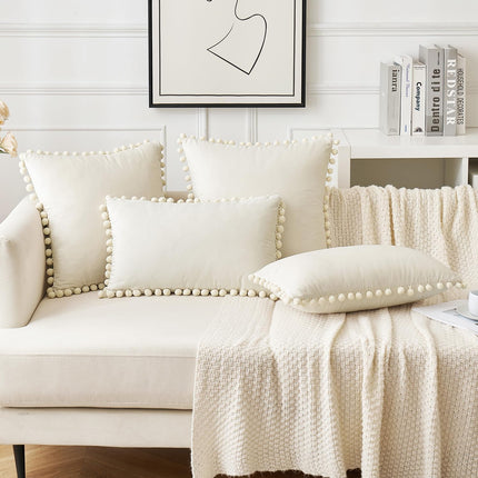Decorative Pillow Covers 18X18 Cream White Throw Pillows Pack of 2 Cozy Soft Pom-Poms Velvet Couch Pillow Covers Home Decor for Farmhouse Cushion Sofa Bedroom