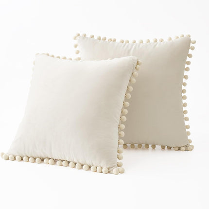 Decorative Pillow Covers 18X18 Cream White Throw Pillows Pack of 2 Cozy Soft Pom-Poms Velvet Couch Pillow Covers Home Decor for Farmhouse Cushion Sofa Bedroom