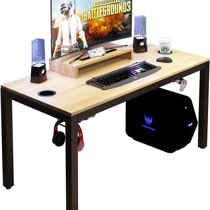 Gaming Computer Desk, 47 Inches Desk Gaming Table Workstation Desk with Display Stand and Cable Management and Headphone Holder, Teak BHUS-AC14BB