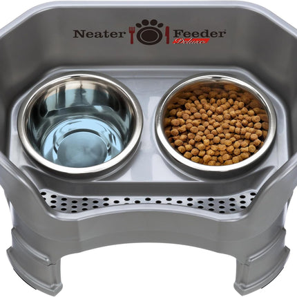 Neater Feeder Deluxe Mess Proof Dog Bowls Elevated Medium Sized Dogs (19-40 Lbs) Made in USA, No Spill Raised Dog Food Bowl Stand W/Leg Extension, Stainless Steel Food and Water Bowl Set, Grey