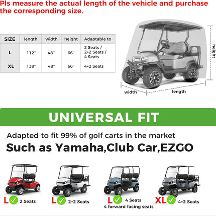 Golf Cart Cover 2/4/4+2 Passenger for Yamaha EZGO Club Car, Heavy Duty 420D Waterproof Windproof Durable Polyester Golf Cart Cover with 3 Zipper Doors for All-Weather Protection (Black/Silver)​​