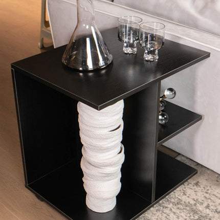 Nightstand Modern End Side Table with Open Shelf, Wood Bedside Table with Rolling Wheels, Night Printer Stand Storage Shelf, Black Finish