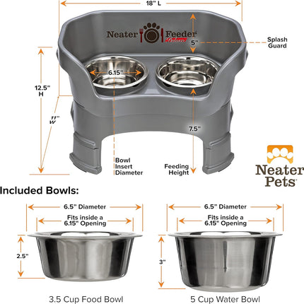 Neater Feeder Deluxe Mess Proof Dog Bowls Elevated Medium Sized Dogs (19-40 Lbs) Made in USA, No Spill Raised Dog Food Bowl Stand W/Leg Extension, Stainless Steel Food and Water Bowl Set, Grey