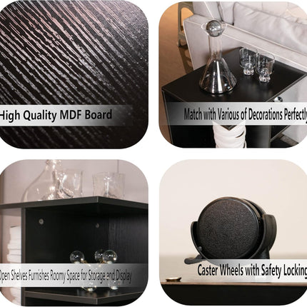 Nightstand Modern End Side Table with Open Shelf, Wood Bedside Table with Rolling Wheels, Night Printer Stand Storage Shelf, Black Finish