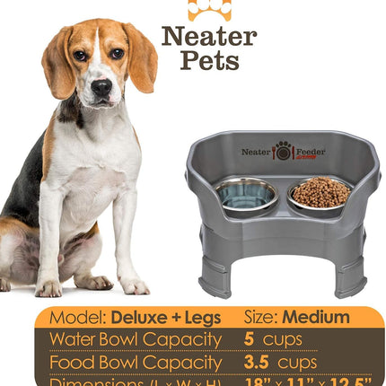Neater Feeder Deluxe Mess Proof Dog Bowls Elevated Medium Sized Dogs (19-40 Lbs) Made in USA, No Spill Raised Dog Food Bowl Stand W/Leg Extension, Stainless Steel Food and Water Bowl Set, Grey