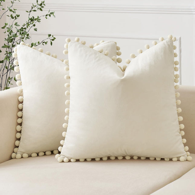 Decorative Pillow Covers 18X18 Cream White Throw Pillows Pack of 2 Cozy Soft Pom-Poms Velvet Couch Pillow Covers Home Decor for Farmhouse Cushion Sofa Bedroom