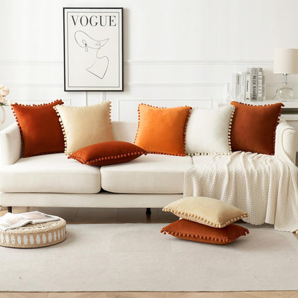 Decorative Pillow Covers 18X18 Cream White Throw Pillows Pack of 2 Cozy Soft Pom-Poms Velvet Couch Pillow Covers Home Decor for Farmhouse Cushion Sofa Bedroom