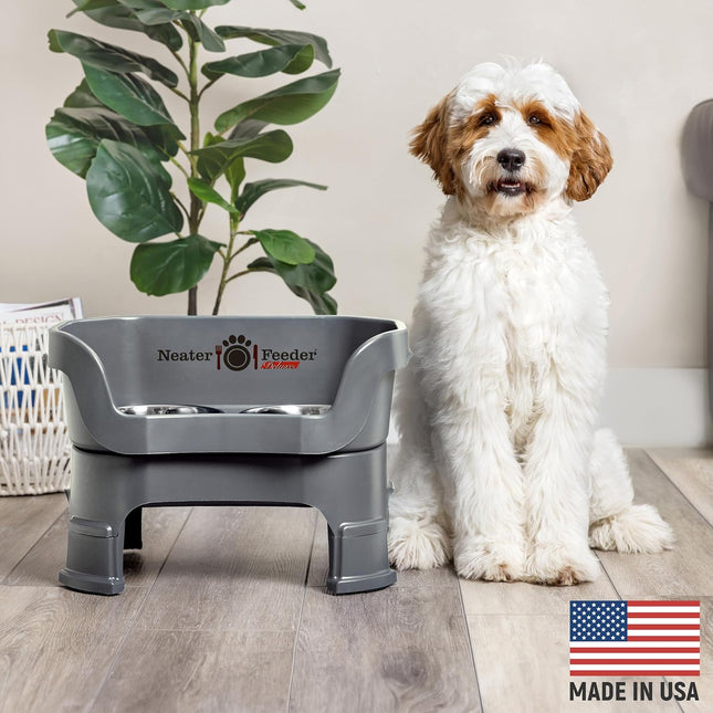 Neater Feeder Deluxe Mess Proof Dog Bowls Elevated Medium Sized Dogs (19-40 Lbs) Made in USA, No Spill Raised Dog Food Bowl Stand W/Leg Extension, Stainless Steel Food and Water Bowl Set, Grey