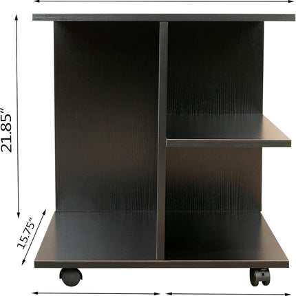 Nightstand Modern End Side Table with Open Shelf, Wood Bedside Table with Rolling Wheels, Night Printer Stand Storage Shelf, Black Finish