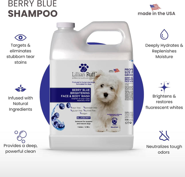 PRO Formula Berry Blue Brightening Pet Shampoo - Ultra-Hydrating Professional Whitening Dog Shampoo, Vivid Show-Quality Coat Enhancer, Tear Stain & Odor Eliminator, Vitamin B5, 128Oz+Pump