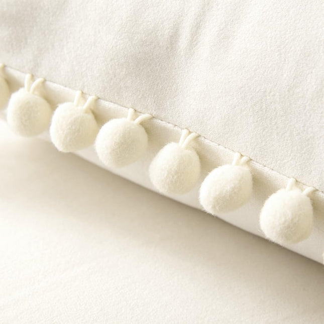 Decorative Pillow Covers 18X18 Cream White Throw Pillows Pack of 2 Cozy Soft Pom-Poms Velvet Couch Pillow Covers Home Decor for Farmhouse Cushion Sofa Bedroom
