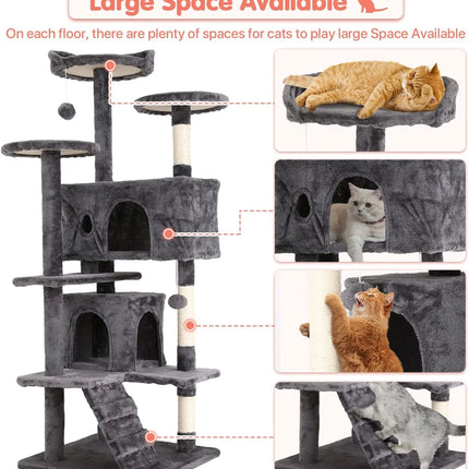 54-In Double Condo Cat Tree Tower Playhouse with Scratching Post & Perch for Indoor, Ashy