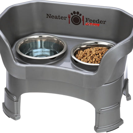 Neater Feeder Deluxe Mess Proof Dog Bowls Elevated Medium Sized Dogs (19-40 Lbs) Made in USA, No Spill Raised Dog Food Bowl Stand W/Leg Extension, Stainless Steel Food and Water Bowl Set, Grey
