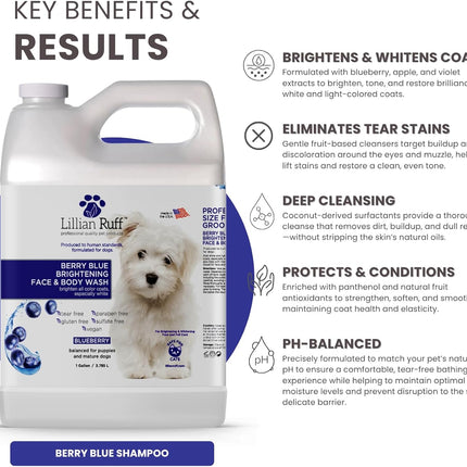 PRO Formula Berry Blue Brightening Pet Shampoo - Ultra-Hydrating Professional Whitening Dog Shampoo, Vivid Show-Quality Coat Enhancer, Tear Stain & Odor Eliminator, Vitamin B5, 128Oz+Pump