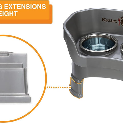 Neater Feeder Deluxe Mess Proof Dog Bowls Elevated Medium Sized Dogs (19-40 Lbs) Made in USA, No Spill Raised Dog Food Bowl Stand W/Leg Extension, Stainless Steel Food and Water Bowl Set, Grey